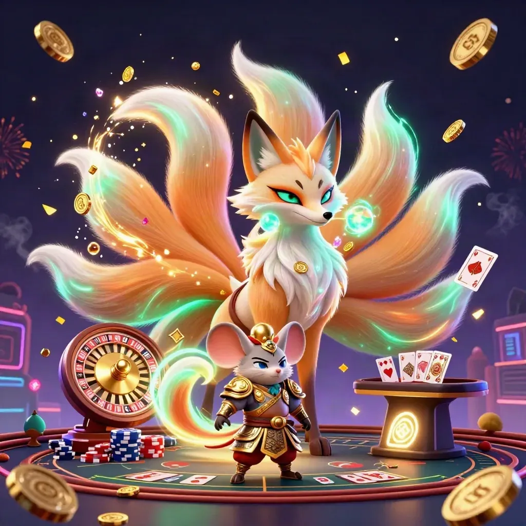Volpe a nove code con topolino samurai, monete d'oro, roulette e neon in stile casinò premium