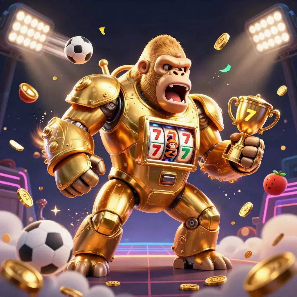 Gorilla mech dorato con scimmietta pilota, monete e trofeo su sfondo neon scuro.
