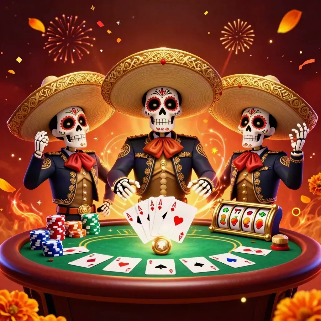 Trio di scheletri mariachi festosi con tavolo da poker, fiches e slot, luce premium